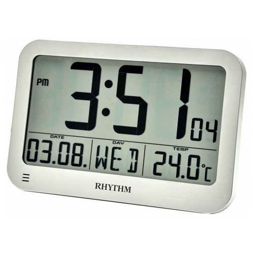 Rhythm (Japan) Silver Plastic Rectangle Table BEEP Alarm, Calendar, Thermometer, Hygrometer, 12-24 Hour Selectable, 5LANGUAGES of Weekdays Display Silver Case/Plastic Case Digital 22.4 x 15 x 1.8cms